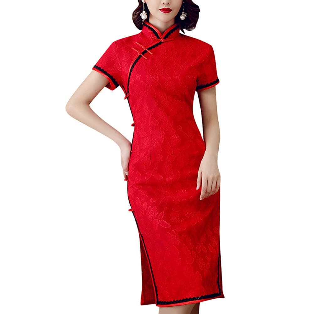Women's Floral Lace Embroidery Cheongsam Vintage Short Sleeve Side Slit Qipao Midi Dress Chinese Tradtional Costume 1920s Fashion (M, 102# Red)