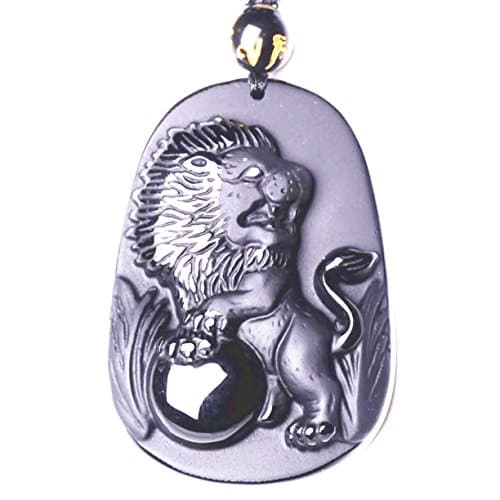 Natural obsidian lion pendants necklace