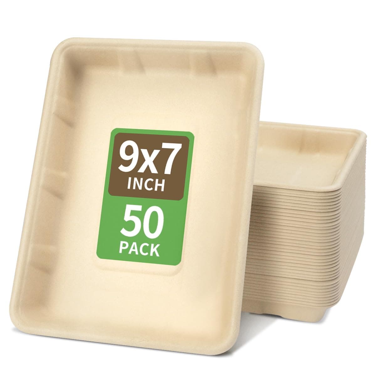 bloomoon 50 Pack 9 x 7 inch Deep Rectangle Paper Plates, Compostable Deep Dish Bamboo Pulp Plates for Tacos, Hot Dog, Steak, Salad, Pizza Slice