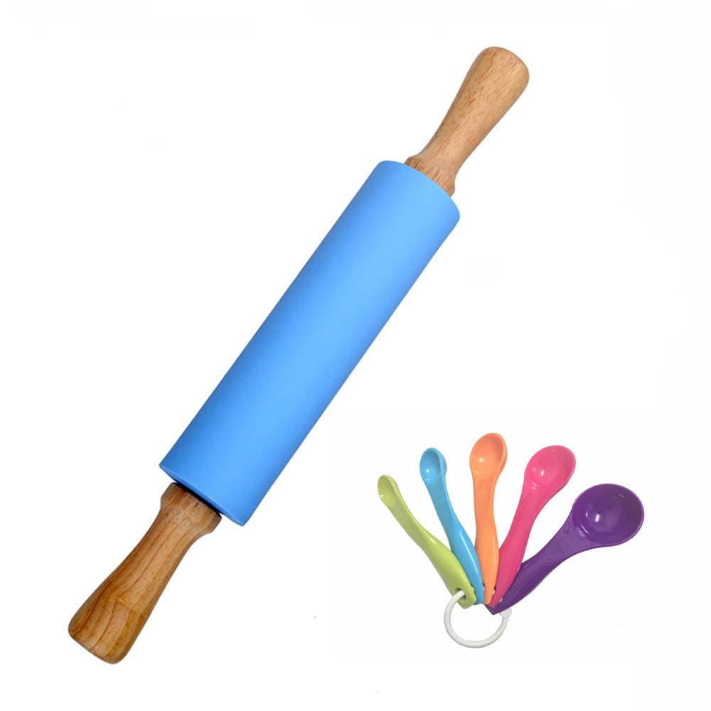 Silicone Rolling Pin for Baking Non-stick Surface Wooden Handle 15.15x2.17 inch with Free Measure Spoon(Blue)