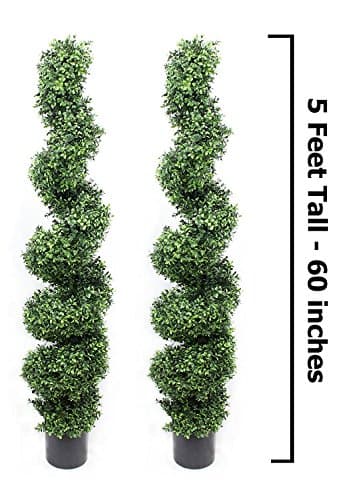4 Foot Pond Boxwood Spiral Topiary Tree BIG Leaf Premium Realistic Faux Artificial Plant Home Decor or Office (Twin Pack with Finial)