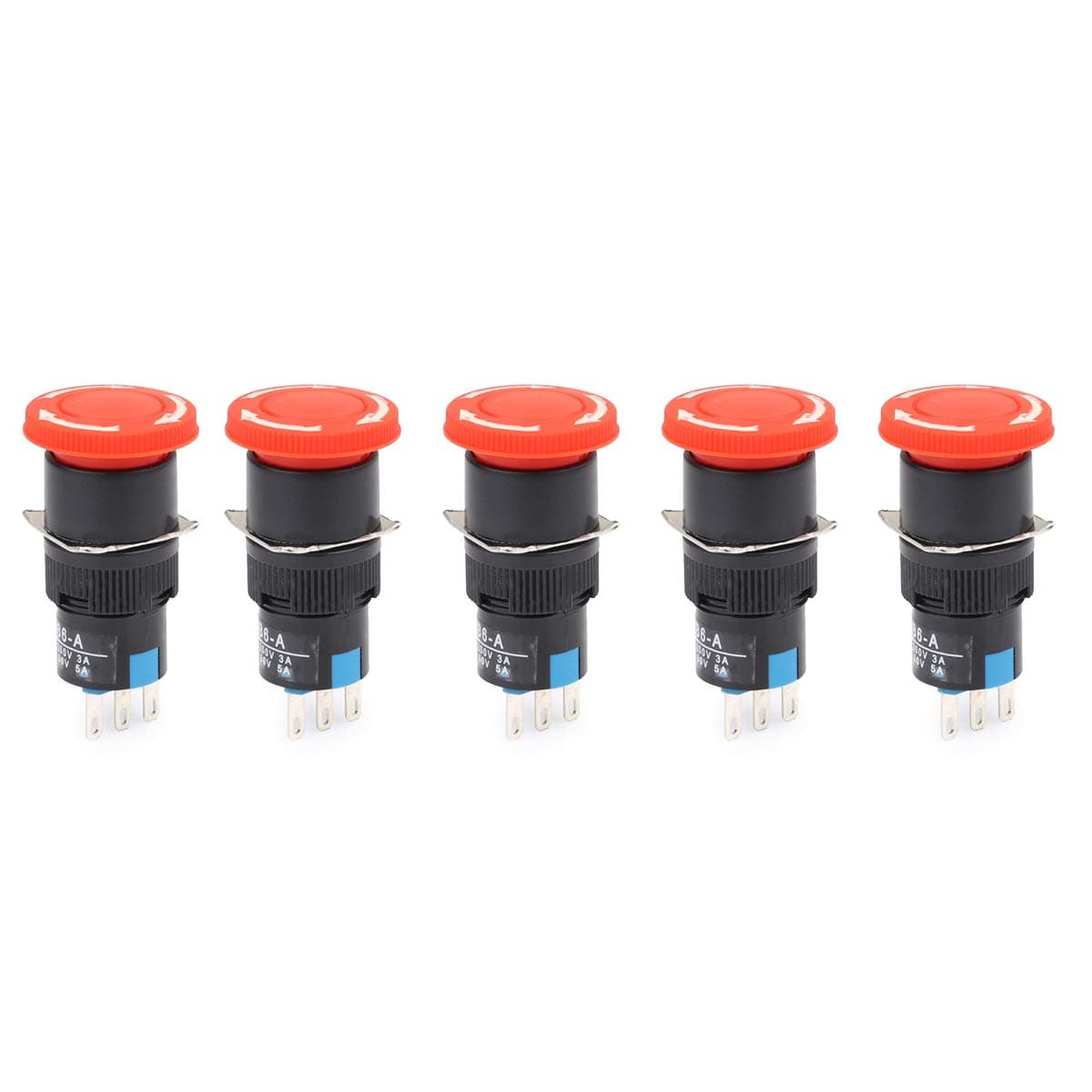 Clyxgs Self-Locking Emergency Stop Mushroom Push Button Switch SPDT NO NC DC30V 5A AC250V 3A Light 16mm in diameter Red 5PCS