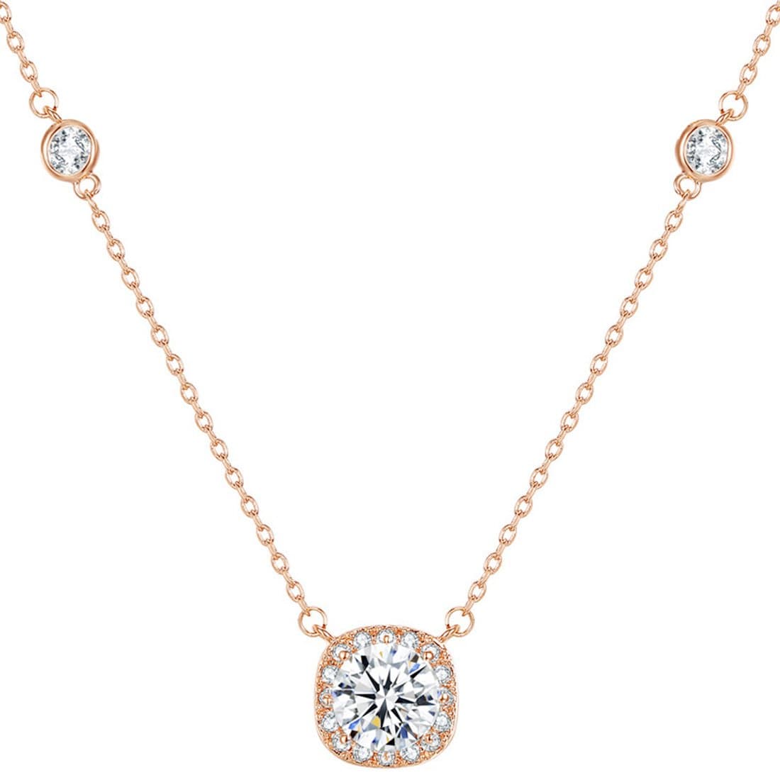 FANCY COLLECTION Rose Gold GP Crystal Square Halo Bezel Round Station Necklace