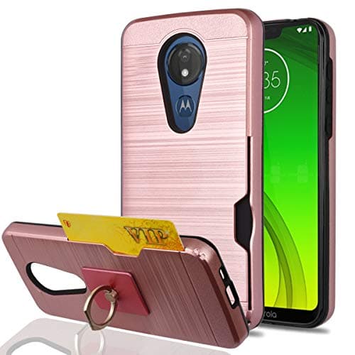 YmhxcY Moto G7 Power Phone Case Moto G7 Supra Case with Phone Stand, [Credit Card Slots Holder][Brushed Texture] Dual Layer Shockproof Protective Cover for Motorola Moto G7 Power-LCK Rose Gold