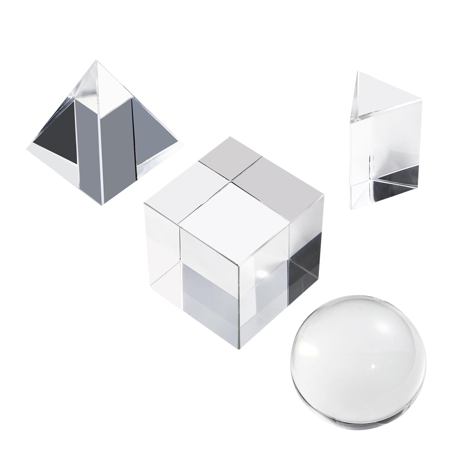 QFkris 4 Pack Crystal Photography Prism Set, Include 50mm Crystal Ball, 50mm Crystal Cube, 50mm Triangular Prism, 50mm Optical Pyramid with Wiper Cloth and Box, Photography Accessory