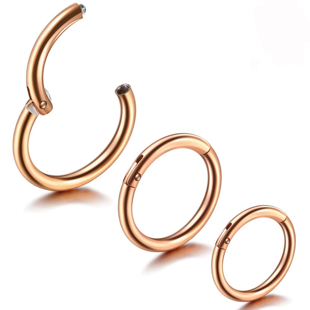 Jusway Rose Gold Earrings Septum Jewelry Small Hoops Earrings Titanium Nose Hoop Hinged Daith Earring 16G Clicker Hoop Rook Rings(3pcs)