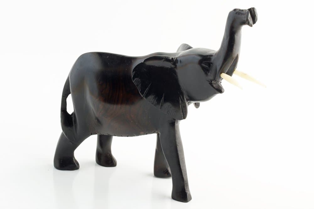 Maisha Fair Trade Hand Carved Ebony Wood Decorative Elephant with Up-cycled Camel Bone Tusks