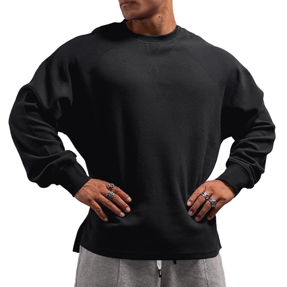 Men's Basic Long Sleeve Waffle Sweatshirt Loose Fit Workout Pullover Crewneck Shirt