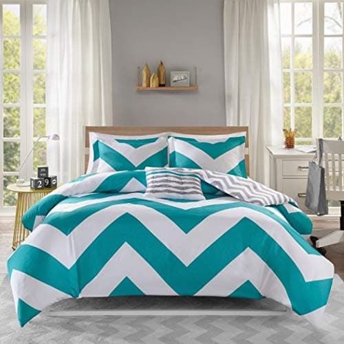 4pc Teal Aqua Blue Grey White Full Queen Duvet Cover Set, Polyester, Chevron Themed Bedding Crisp Stylish Chic Modern Trendy Zig Zag Geometric Bold Pretty Turquoise Gray