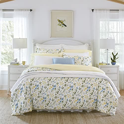 Laura Ashley Home - Queen Duvet Cover Set, Cotton Sateen Reversible Bedding with Matching Shams, All Season Home Decor (Meadow Floral Blue, Queen)