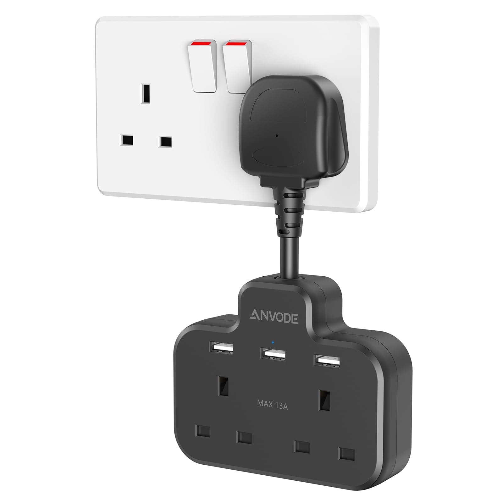 Double Plug Adaptor with USB, 2 Way Wall Adapter with Short Extension Lead, Multi Plug Socket Extender For Home Office (Black)