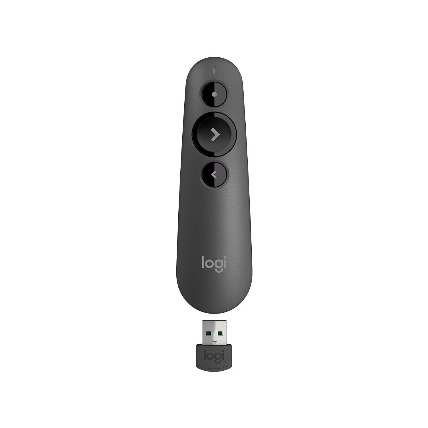 Logitech R500 Wireless Presentation Remote, 2.4 GHz and Bluetooth, USB-Receiver, Red Laser Pointer, 20-Meter Operating Range, 3 Buttons, PC/Mac/Android/iOS - Black