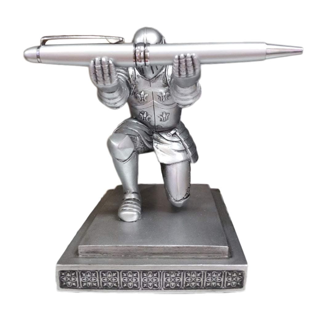 Cdrox Resin Knight-Kneeling Pen Holder Desktop School Office Student Gift Pencil Stand and Metal Pen