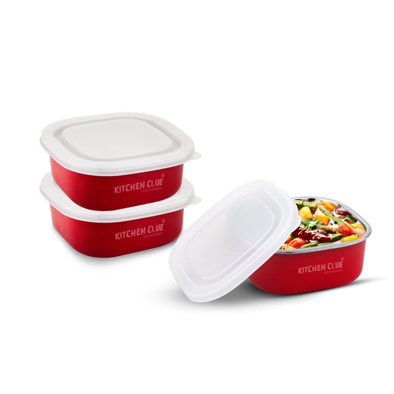 Stainless Steel Lunch Box Containers Set With Airtight & Leak Proof Lids - Pack Of 3 Pcs, 350 Ml Each, Red - Microwave Safe Containers Set - Boxes - Ideal For Kids & Adults, 11 Cm