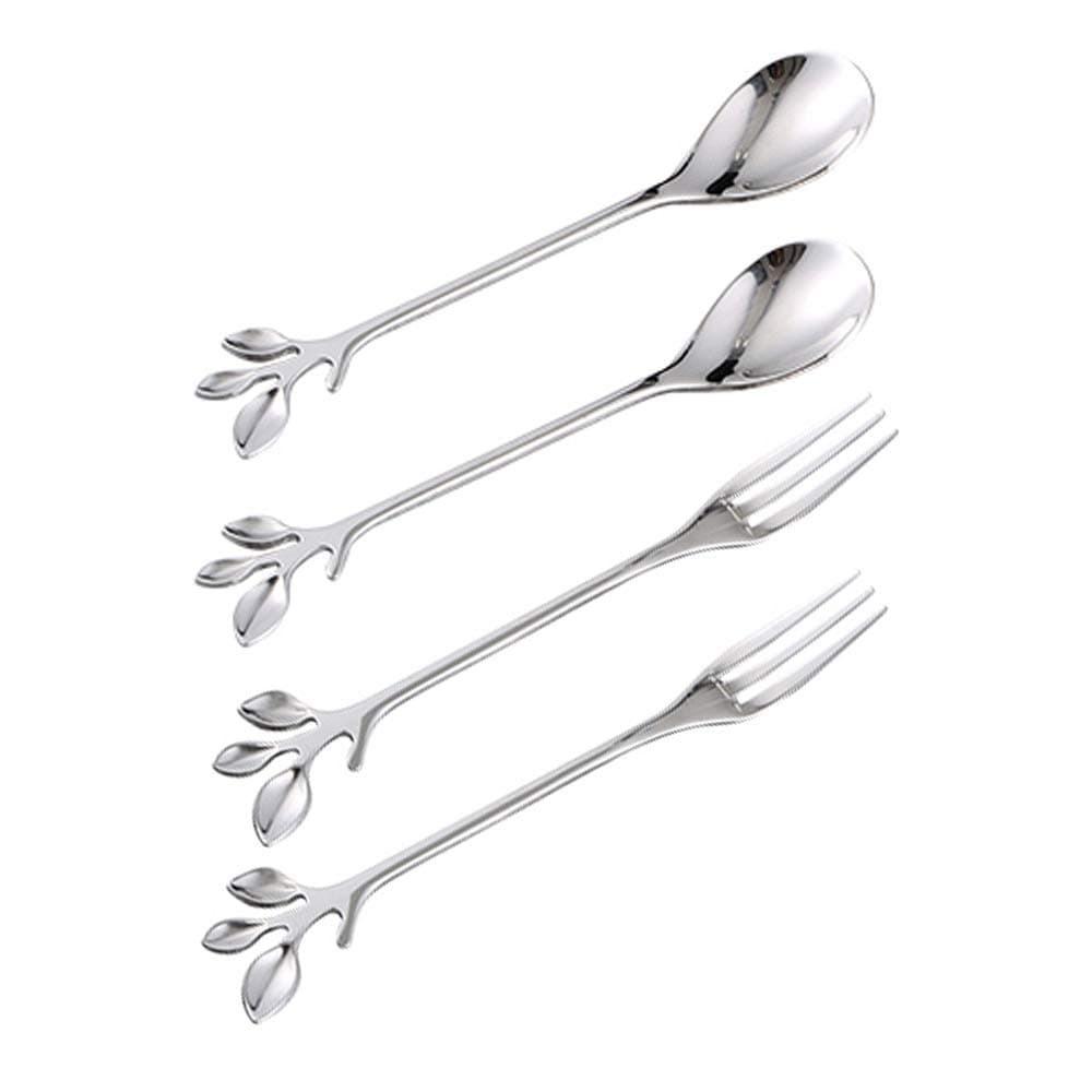 Coffee Spoon Fork 4 Pack(2 Spoons 2 Forks),Silver Leaf Retro Dessert Coffee Small Spoon Cocktail Picks Fruit Fork Flatware,4.7 Inches Stainless Steel Tea Spoon Set (Silver4)