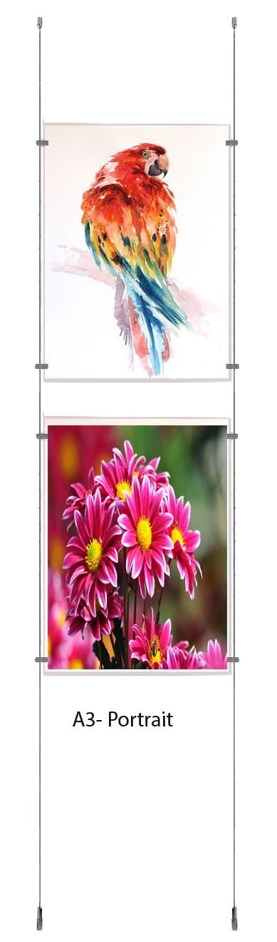 A3 Portrait Cable Wire Steel Rope kit Ceiling to Floor with Easy Access Pocket Cable Display System (A3 Portrait (2pocket) + 2cables)