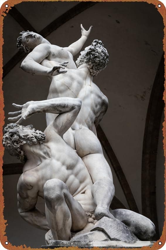 The Rape of Proserpina Renaissance statue by Giambologna Flore Tin poster, ideal wall decoration for offices, restaurants, bars, cafes, residences, gardens, shops, clubs -12 X 8 inches