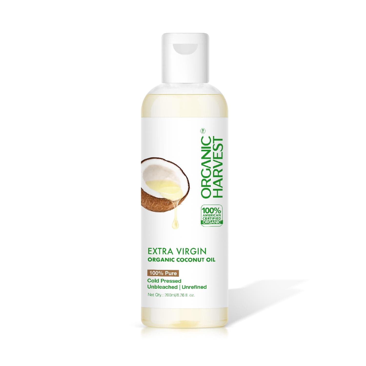 Organic Harvest Extra Virgin Organic Coconut Oil: 100% Pure | For Hair & Skin|For Baby Massage, 100% American Certified Organic, Paraben & Sulphate-free, 200ml (Without Comb Applicator)