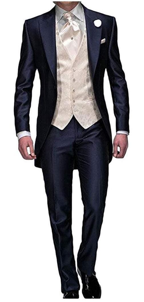 Men's Navy Blue Groom Tuxedos 3 PC Tailcoat Notch Lapel Wedding Suits Men Suit