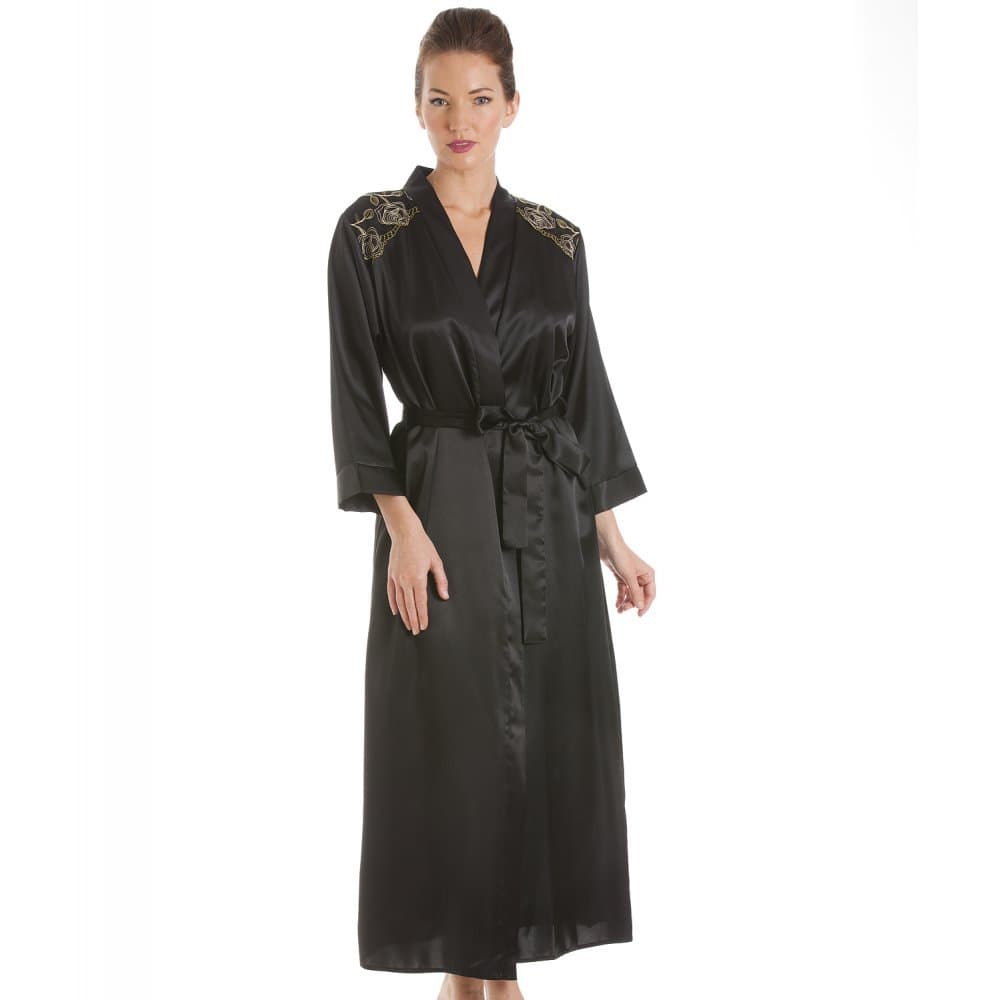 Camille Womens Ladies Luxury Black With Gold Embroidery Satin Bath Robe Wrap 10/12 BLACK