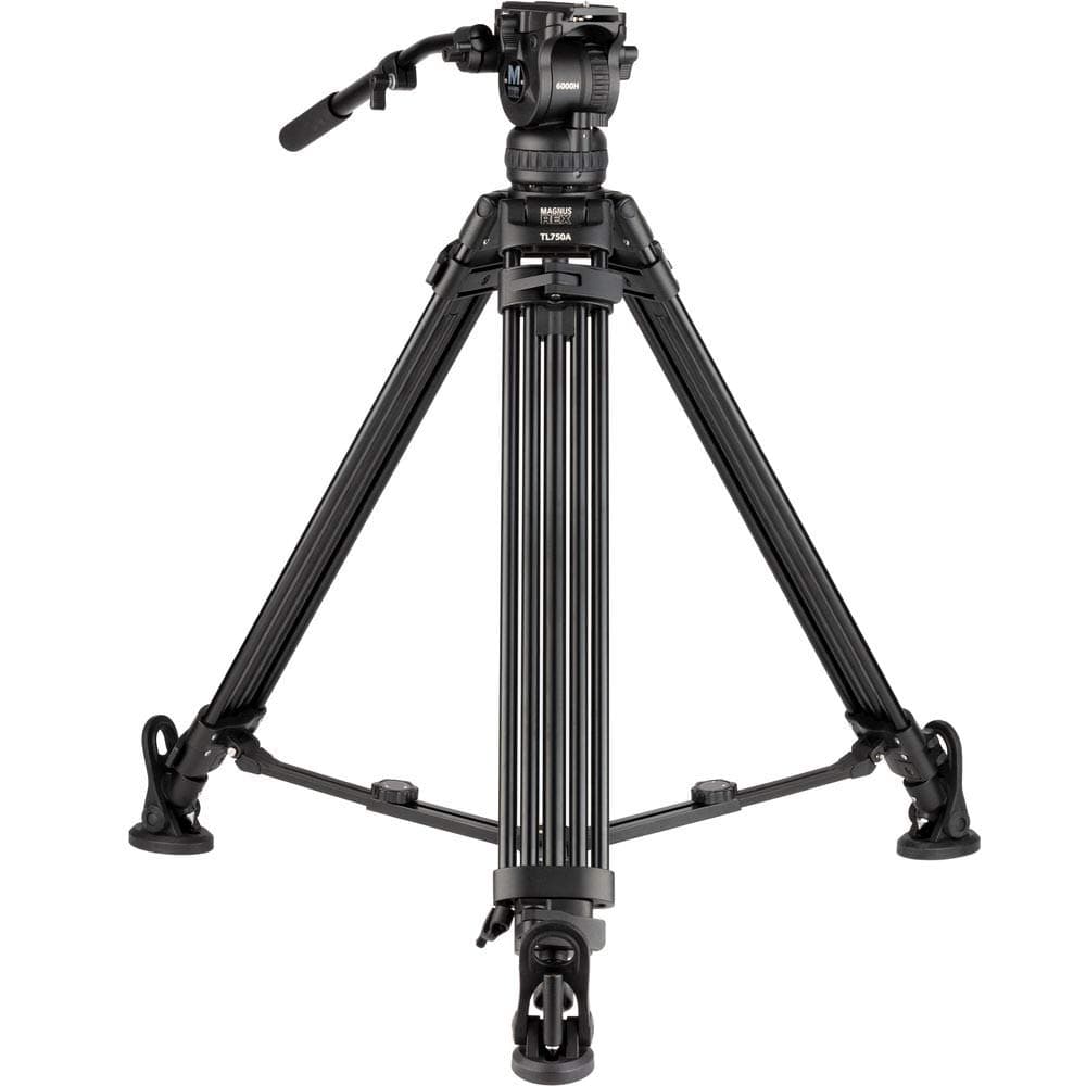 Magnus REX VT-6000 2-Stage Aluminum Video Tripod with Fluid Head, 75mm Half Ball, Extends to 65”, Max Load 17 lbs. Dual-spiked feet, mid-level spreader. Plus QR Plate, Pan Bar, and Case