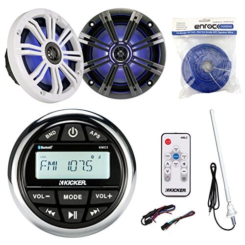 Kicker KMC2 Marine Boat Yacht Gauge Style AM/FM Stereo Receiver Bundle Combo with 2X 8 Multi Color LED Audio Speakers W/Light Remote Control + Enrock 45" Antenna + 50 Feet 14g Speaker Wire