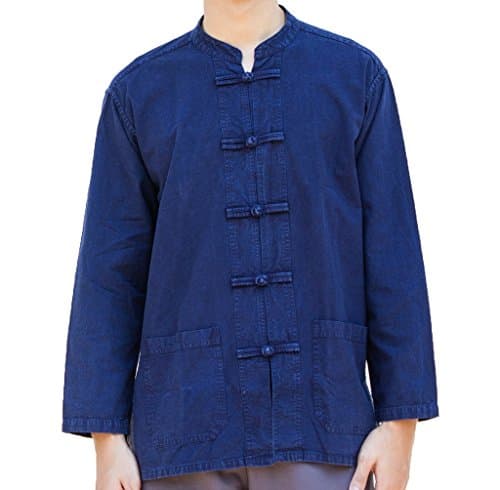 Malime Men's Long Sleeve Kung Fu Tai Chi Cotton Shirt Large Navy Blue