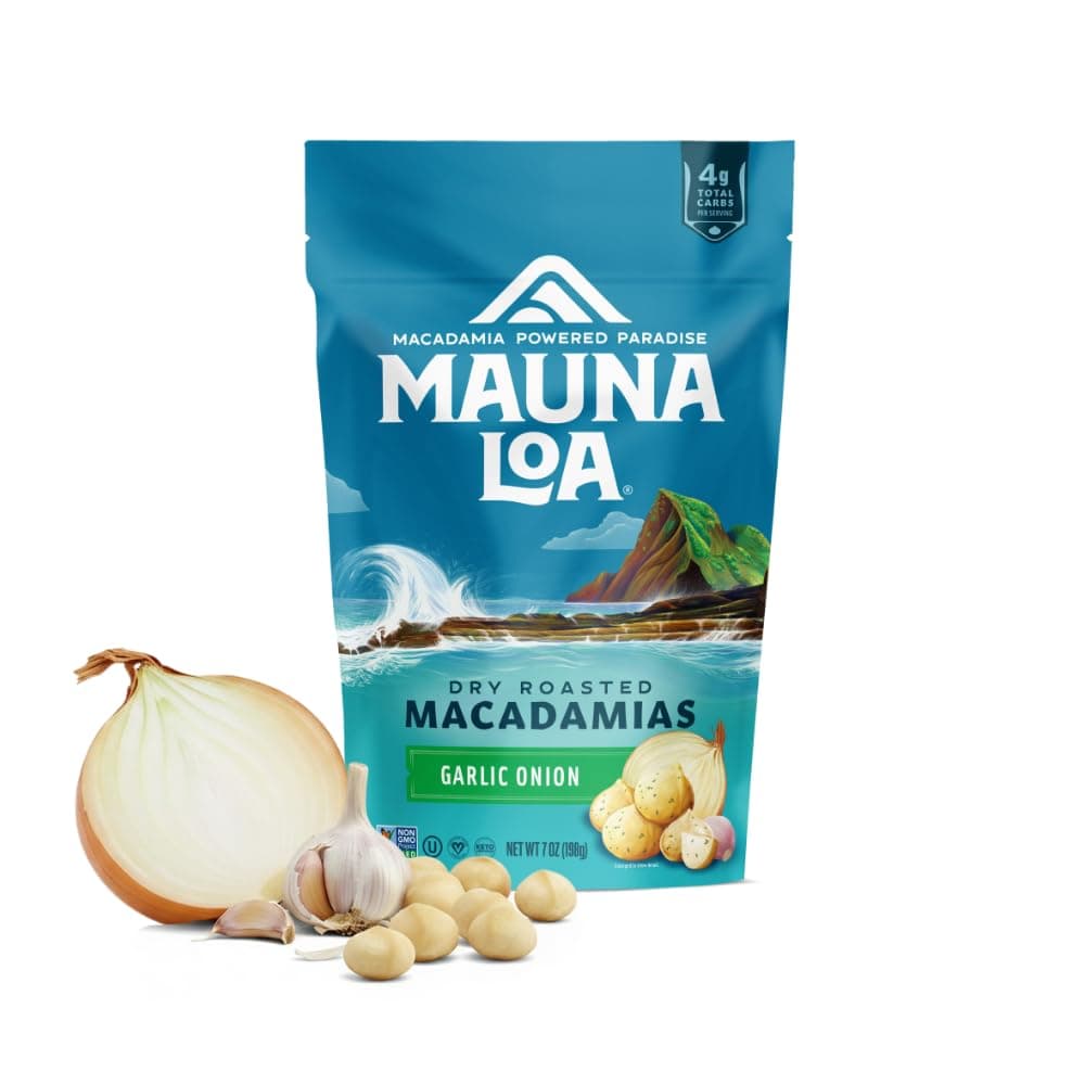 Mauna Loa Garlic Onion Roasted Macadamia Nuts, 7 oz Resealable Bag, Keto Friendly, Gluten Free, Savory Healthy Snack