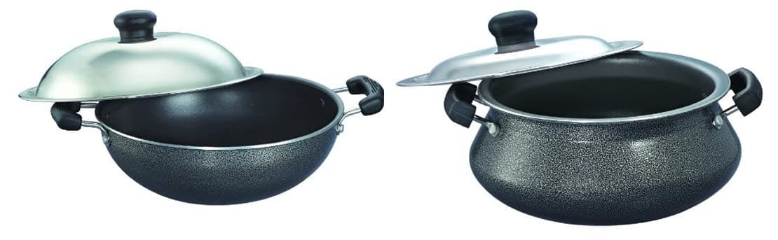 Prestige Omega Select Plus Mini Handi with SS Lid, 2.5 Litre, Black & Omega Select Plus Non-Stick Round Base Kadai with Lid(0.9 litres_17cm, Grey) Combo