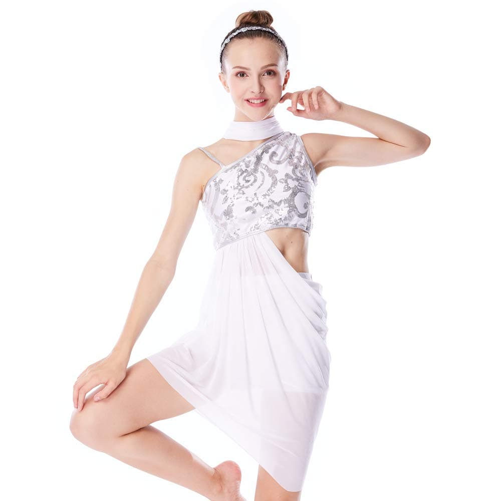 MiDee Lyrical Dress 2 Pieces Dance Costumes Floral Sequins Highlow Neck Side Waist Open Drap Skirt (XSC, White)