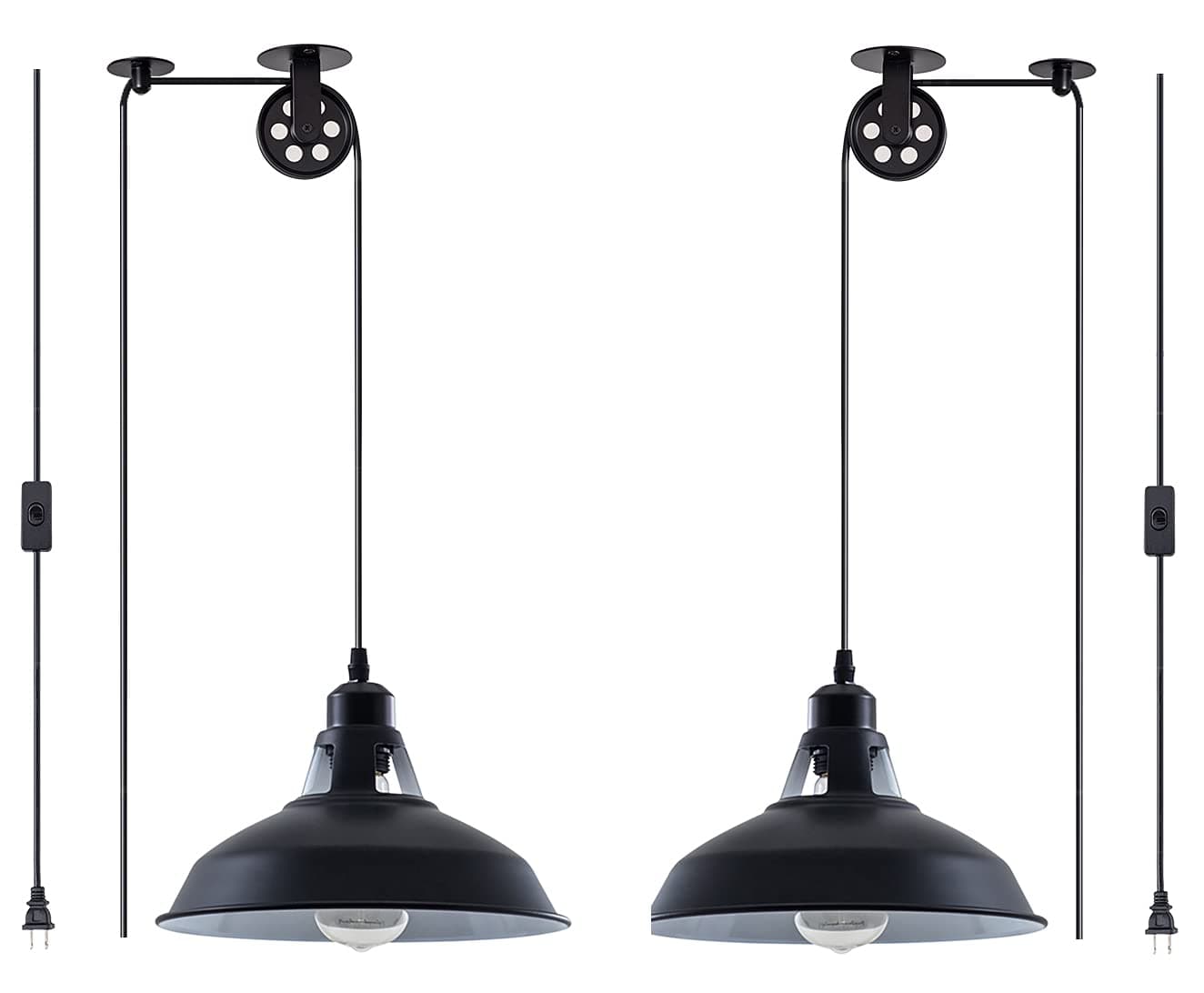 Plug in Pendant Light Industrial Pulley Pendant Lamp E26 Vintage Hanging Light Fixture With 16.4ft Cord On/Off Switch For Pool Table,Houseplant Grow lights,Kitchen Island,Sink 2 Pack Black