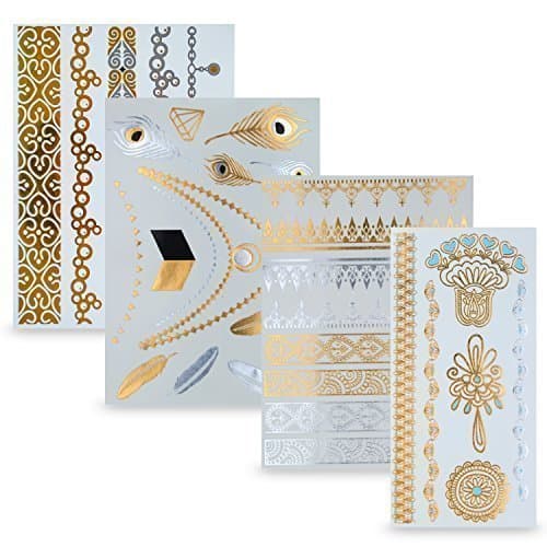 Temporary Tattoos In Various Designs | Removable Tattoo Stickers In Metallic Gold And Silver | Set Of 4 Sheets With 34 Beautiful Tattoos – by Ahimsa Glow®