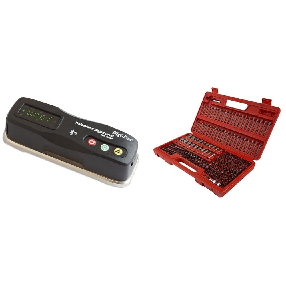 Digi-Pas 2-Axis Smart Master Precision Level DWL1500XY Bluetooth, 0.0002"/ft (0.02 mm/M), Black & SUNEX TOOLS 9729 Master Bit Set, 208-Piece