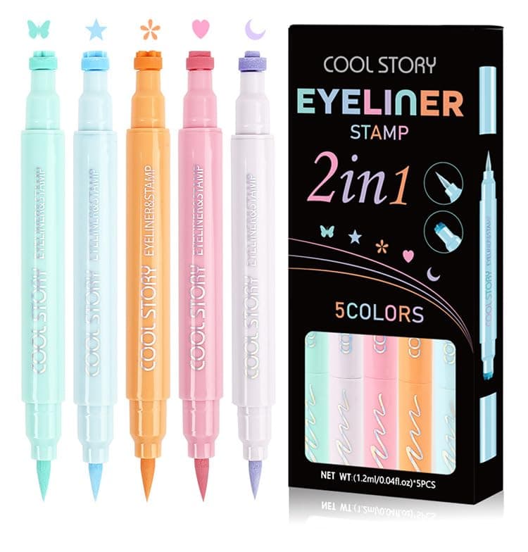 5PCS Dual-Ended Colored Eyeliner Stamp Pen Set – Waterproof, Smudge-Proof Liquid Eyeliner with Butterfly, Star, Flower, Heart & Moon Stamps – Long-Lasting Winged Eye Makeup for Beginners & Pros