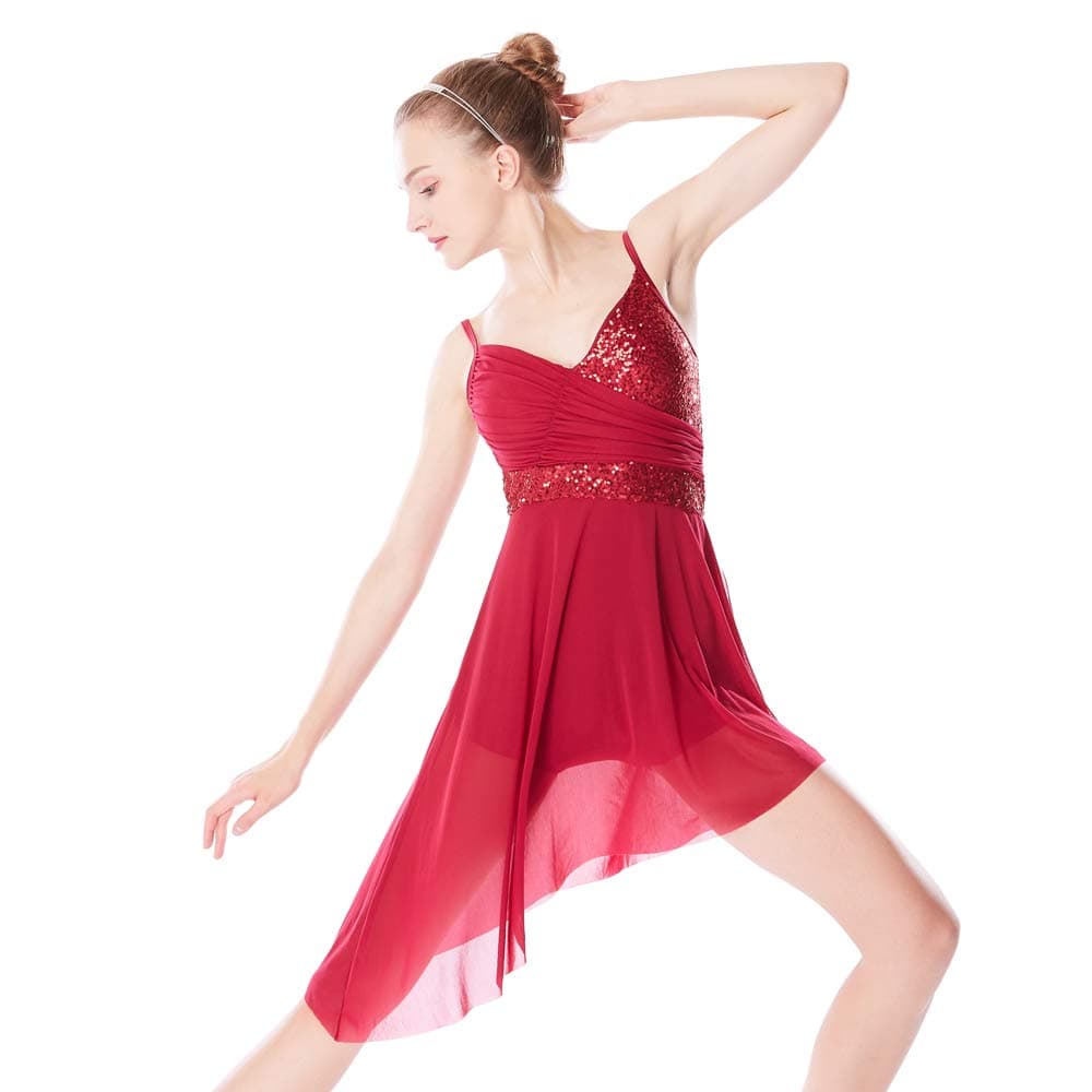 MiDee Girl's V-Neck Sequined High-Low Lyrical Dress Dance Costume Competition Performance Wear