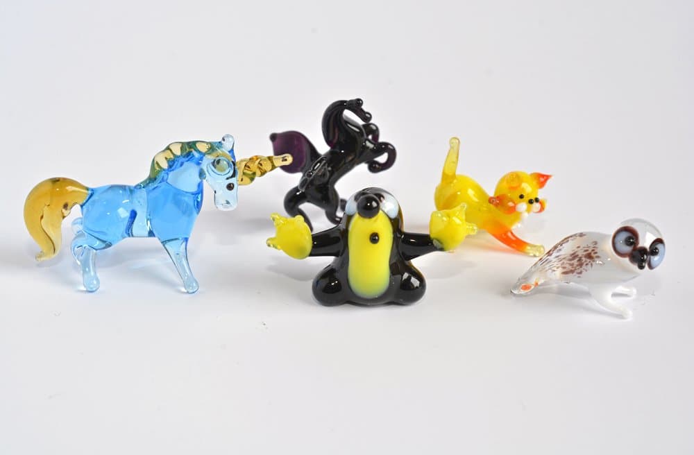 Collection 4. 5 Mini Figurine Glass Unicorn Figurine Glass Pegasus Glass Ghost Glass Cat Glass Owl