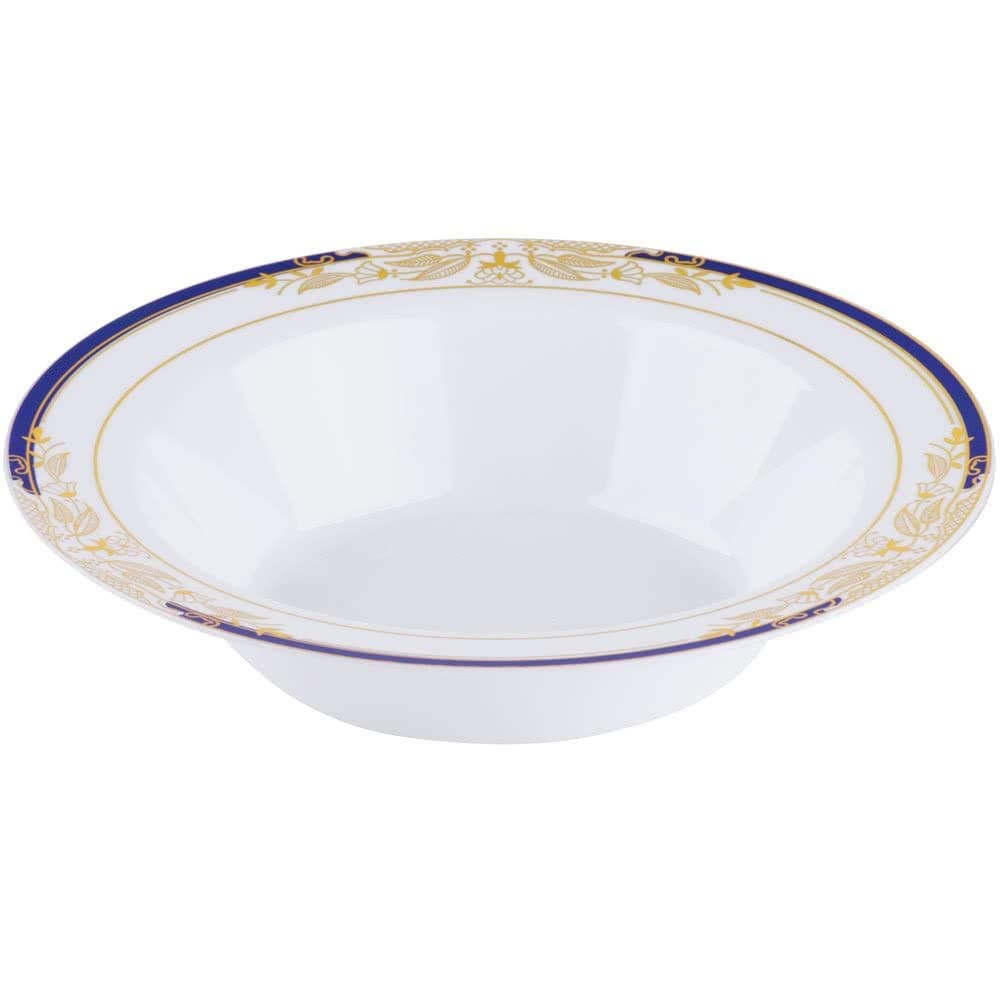 Elegant China-Look Re-usable Plastic Party Bowls/Soup Bowls - 12oz (340ml) - White/Gold/Cobalt Blue - Pack of 10