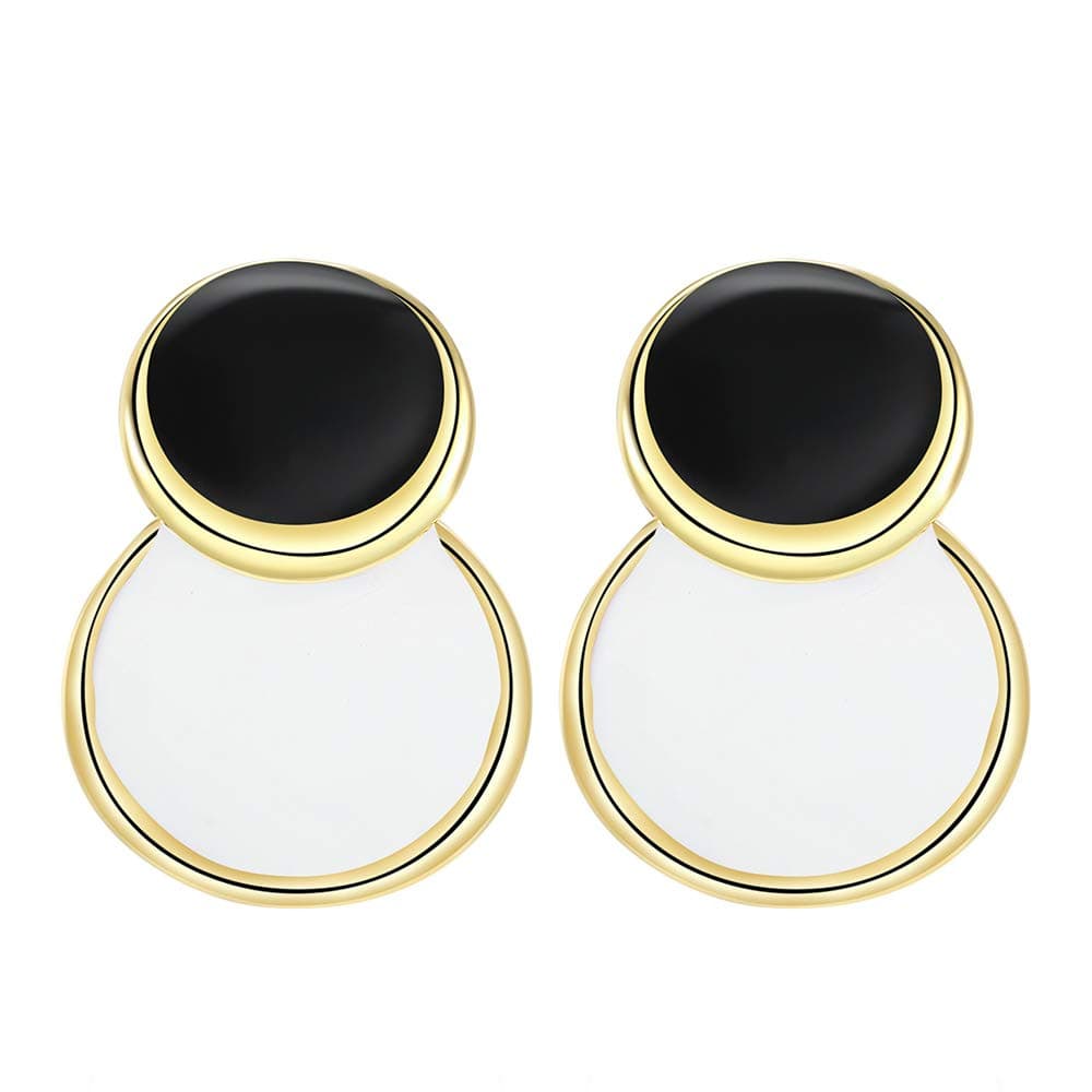 VIENNOISRound Curved Dangle Earrings for Women and Girls Gold Fashion Matte Paint Discs Drop Statement Jewelry Gift (Black+White,Enamel)