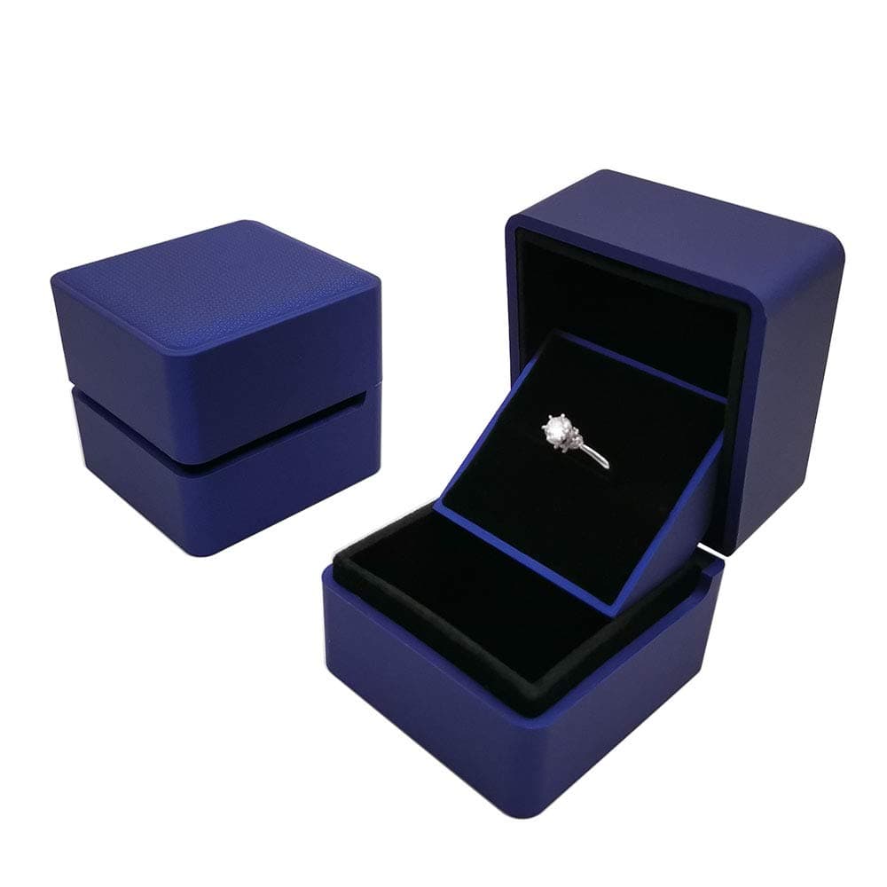 Bearda 3D Center Ring Box - Blue Premium Velvet Liner Jewelry Gift Case Unique Auto Raised Display Slot for Single, Double Ring, Earring Storage for Wedding, Proposal, Engagement