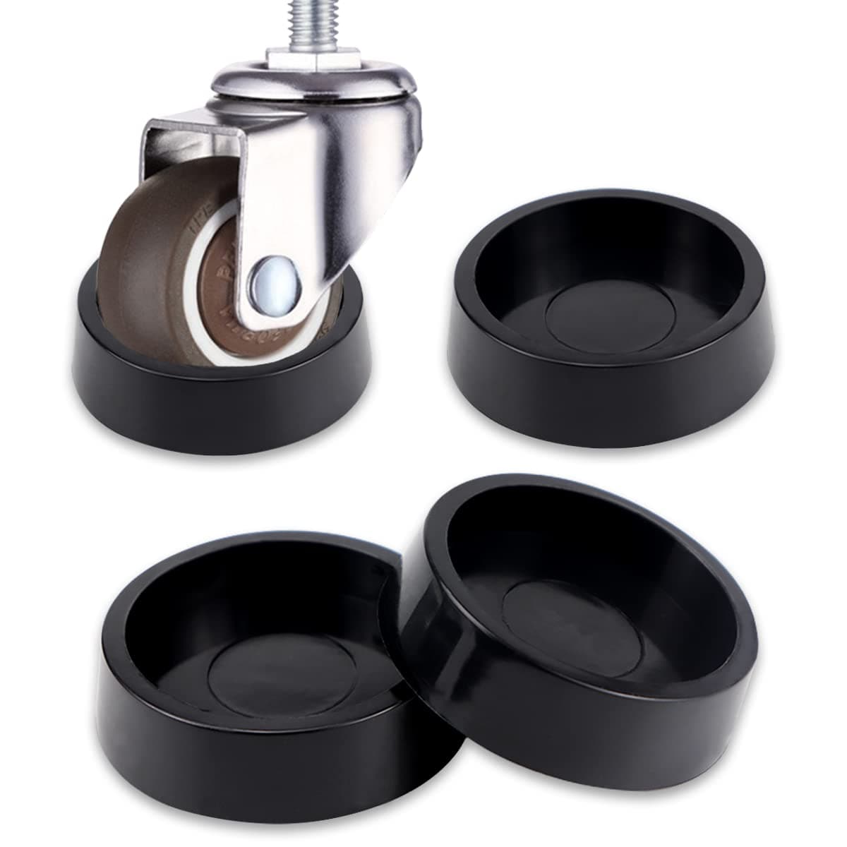 FERCAISH 4PCS Furniture Wheel Caster Cups Rubber Non-Slip Foot Mats, Strong Grip Round Floor Protectors for Crib Wheels, Furniture Table Legs(Small),Black