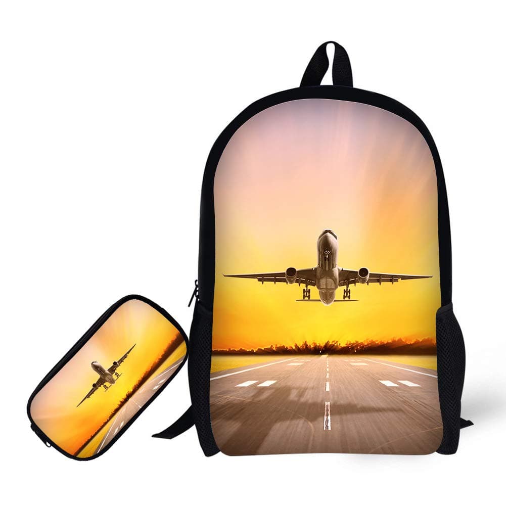 Students Backpack with Pencil Bag，17" Bookbag 3D Airplane Print for Kids