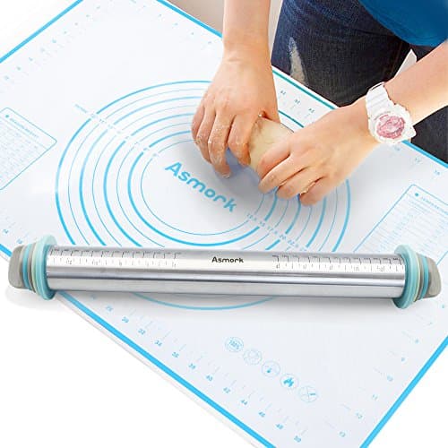 Asmork Rolling Pin,Silicone Baking Mat,Adjustable Stainless Steel Rolling Pins Dough Roller with 4 Removable Thickness Rings for Baking Dough, Pizza, Pie, Pastries, Pasta and Cookies (3)