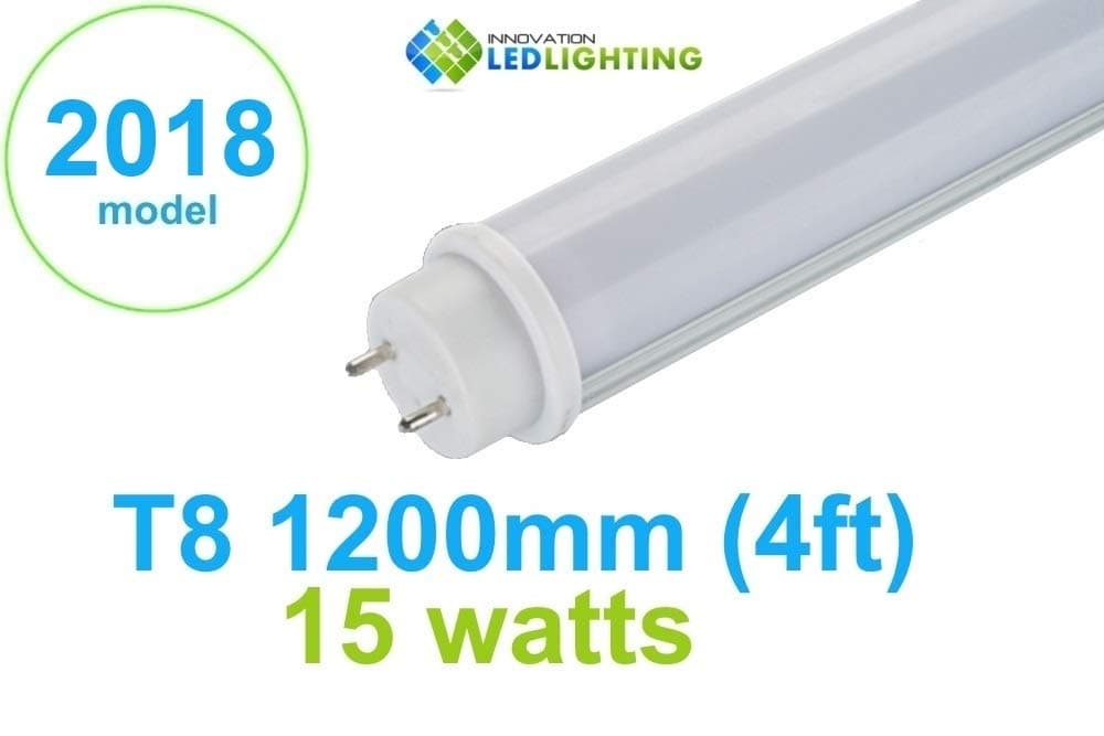 2 x T8 1200mm 4ft 15W LED Tube Light, 6000k Cool White Frosted Cover, Retrofit Fluorescent Energy Saving T8 or T12 Replacement, Patented driverless Technology, rotatable end caps