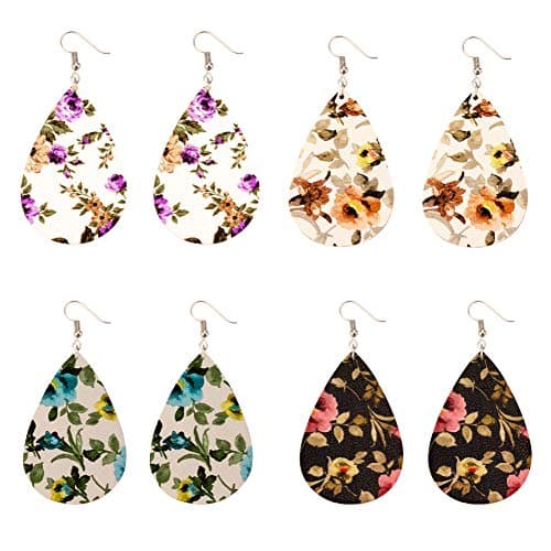 Leather Earrings Lightweight Faux Leather Leaf Earrings Teardrop Dangle Handmade Floral Leopard Print for Women Girls 4 Pairs
