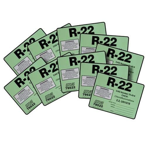 Pack of (10), R-22 / R22 / HCFC-22 Refrigerant Labels # 79522 Color Coded Refrigerant ID Labels