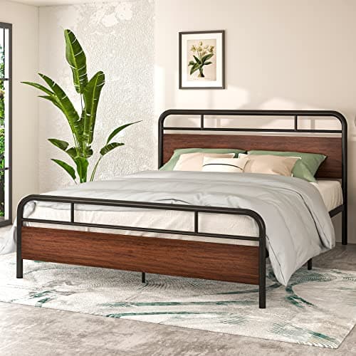 IMUseeQueen Bed Frame with Industrial Wood Headboard / 12" Under Bed Storage/Mattress Foundation/No Box Spring Needed/Easy Assembly/Walnut