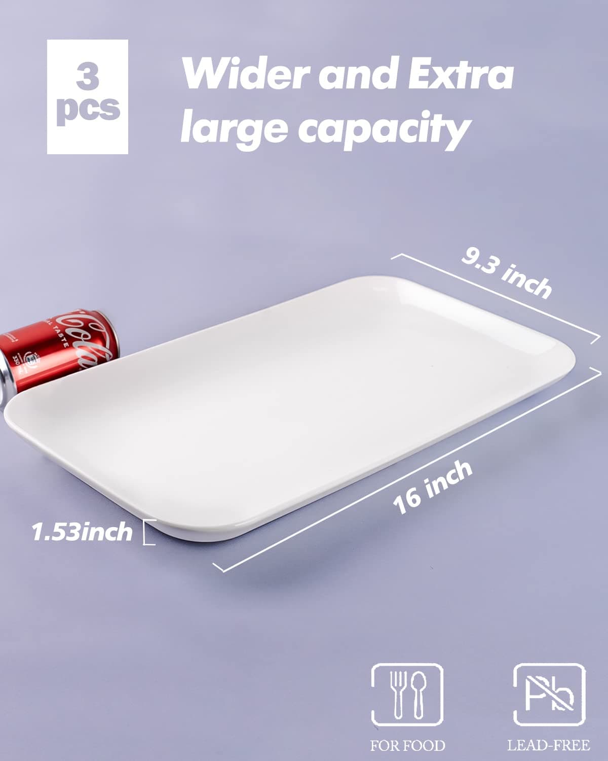 Delling Large Serving Platter Set - 16in White Rectangular Serving/Salad Plates - Big Serving Trays for Parties Meat, Sushi, Dinner Plate Oven Safe Dinnerware Set of 3