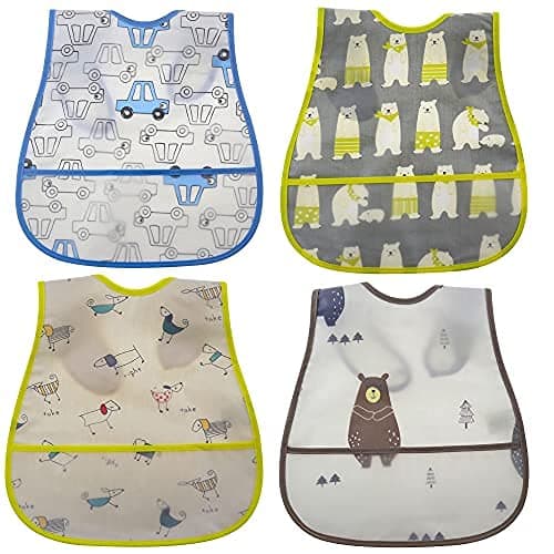 Baby Bib Waterproof With Snaps for Infants and Toddlers - 4pcs Food Catcher Bibs (Car Puppy Bear)