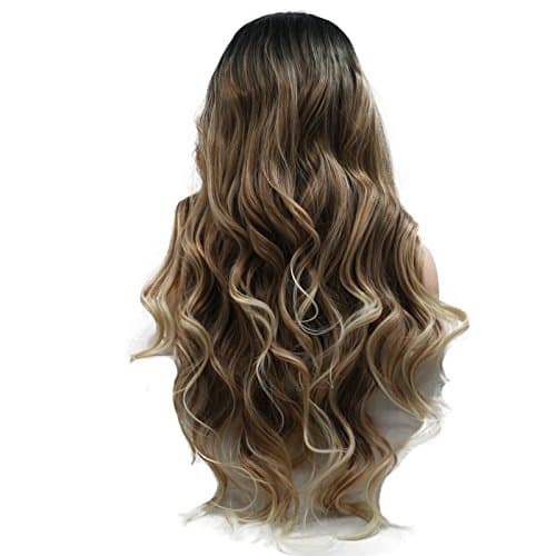 24" Long Natural Wave Synthetic Lace Front Wigs Free Parting Half Hand Tied 180% Density Heat Resistant for Women (Brown)