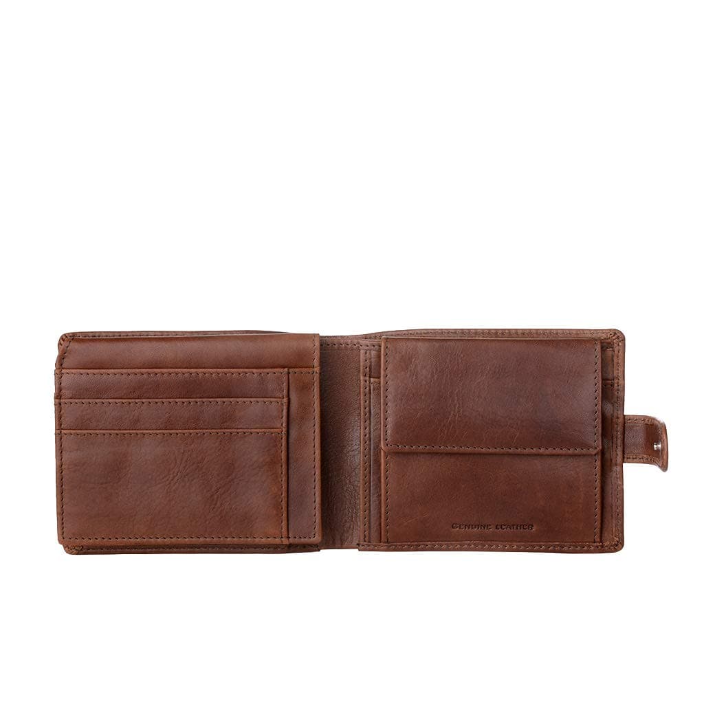 Wallet for Men in Genuine Leather with Snap Button Secure Closure Coin & Card Holders and Zip Pocket Brown